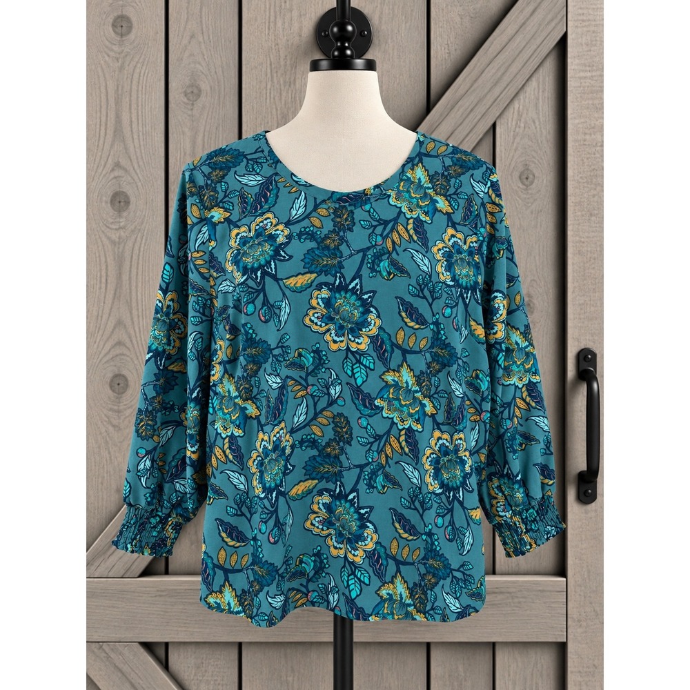Denim & Company Boho Blouse Size 2X Teal Gold Floral Smocked Cuff Long Sleeve